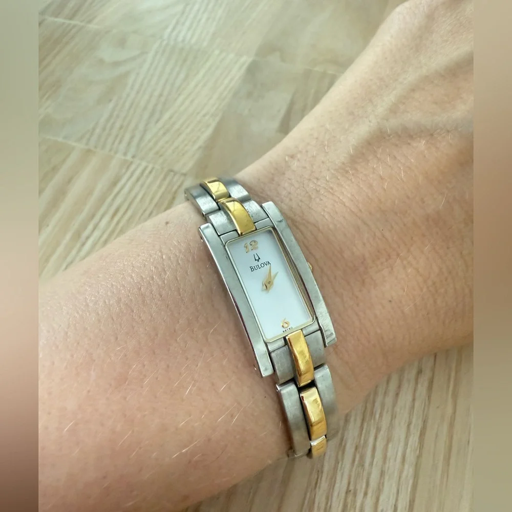 Bulova ladies rectangular two tone dress watch NEW BATTERY